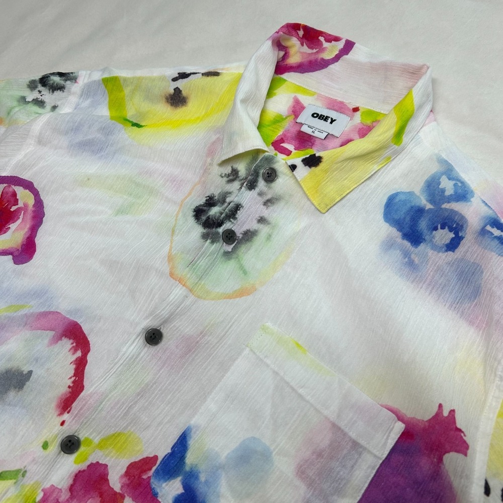 OBEY Men's Cosmos Woven Shirt White Purple Floral Organic Cotton Size XL
